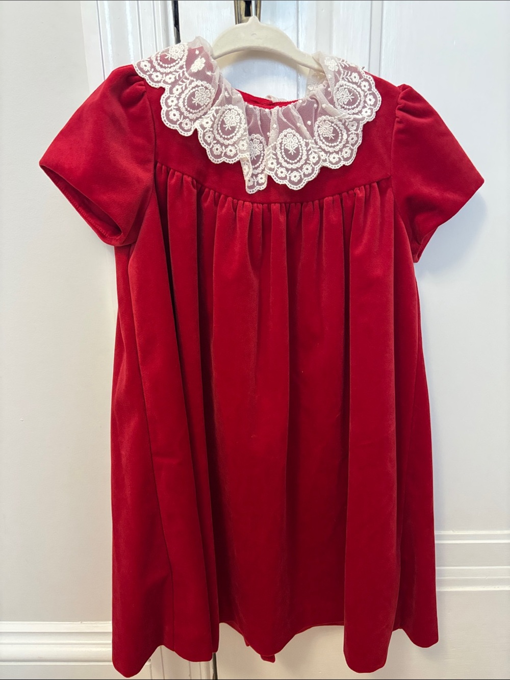Luli & Me Red Velvet Dress with Lace Collar